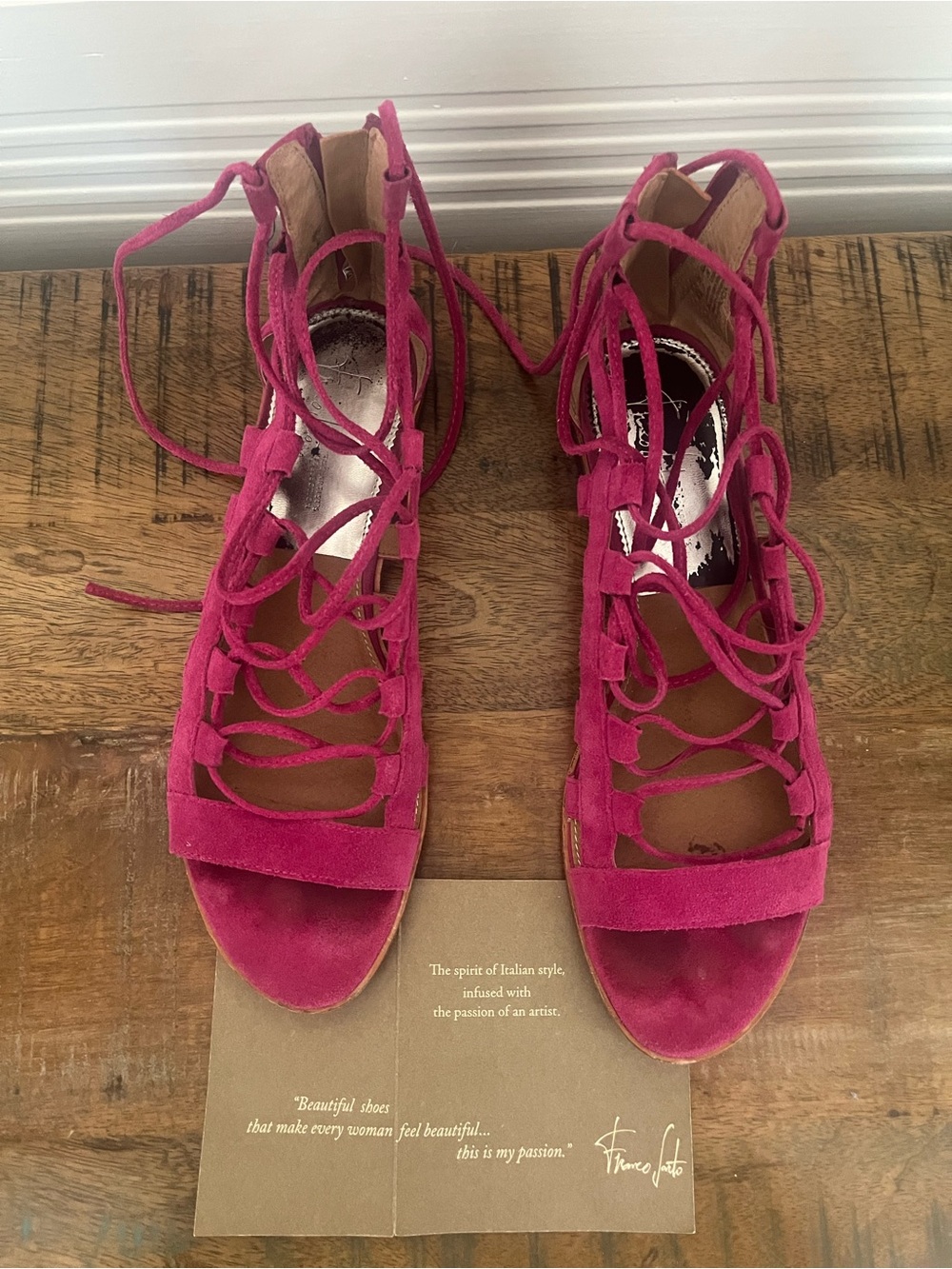 Franco Sarto Artist’s Collection - Fuchsia Suede Lace-Up Flat Sandals